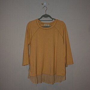 LOGO Lounge 3/4 Sleeve Yellow Top with Lace Hem Size Large